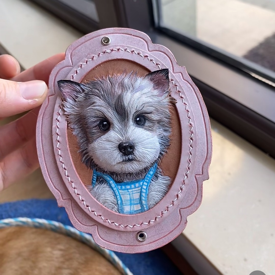 Hand‑dyed leather pet portrait tag